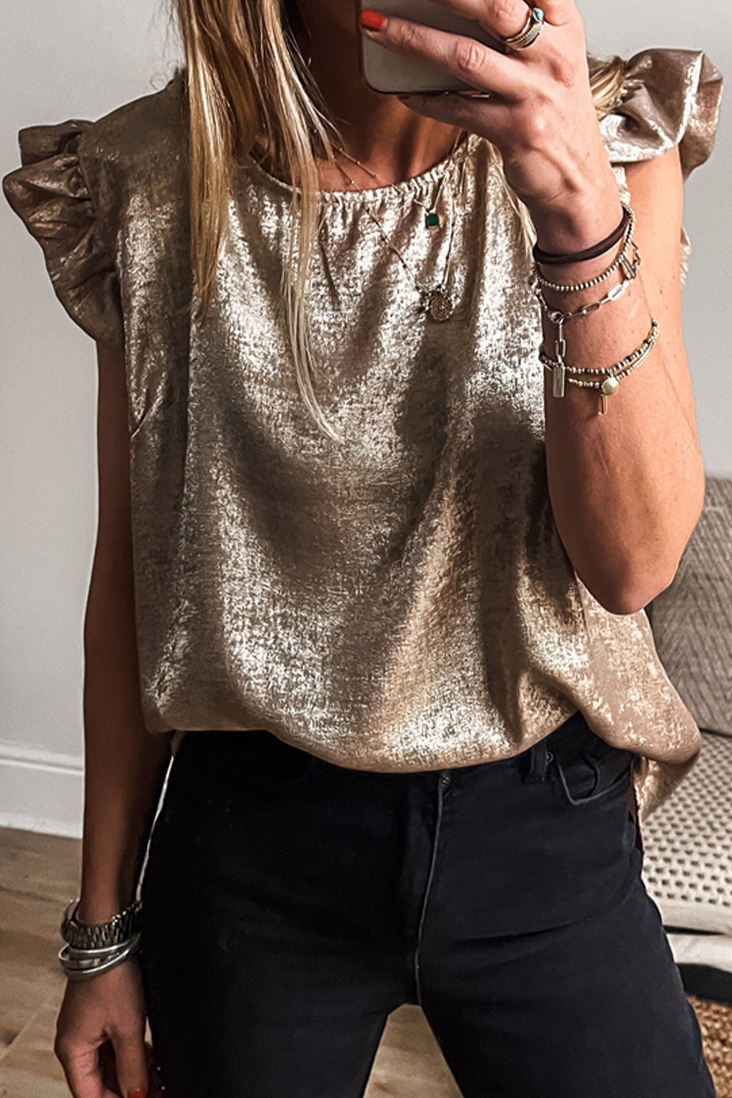 Gold Metallic Round Neck Ruffle Trim Sleeveless Top