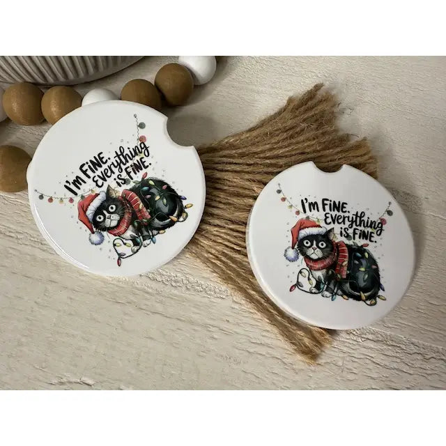 Christmas Cat I'm Fine Ceramic Car Coaster