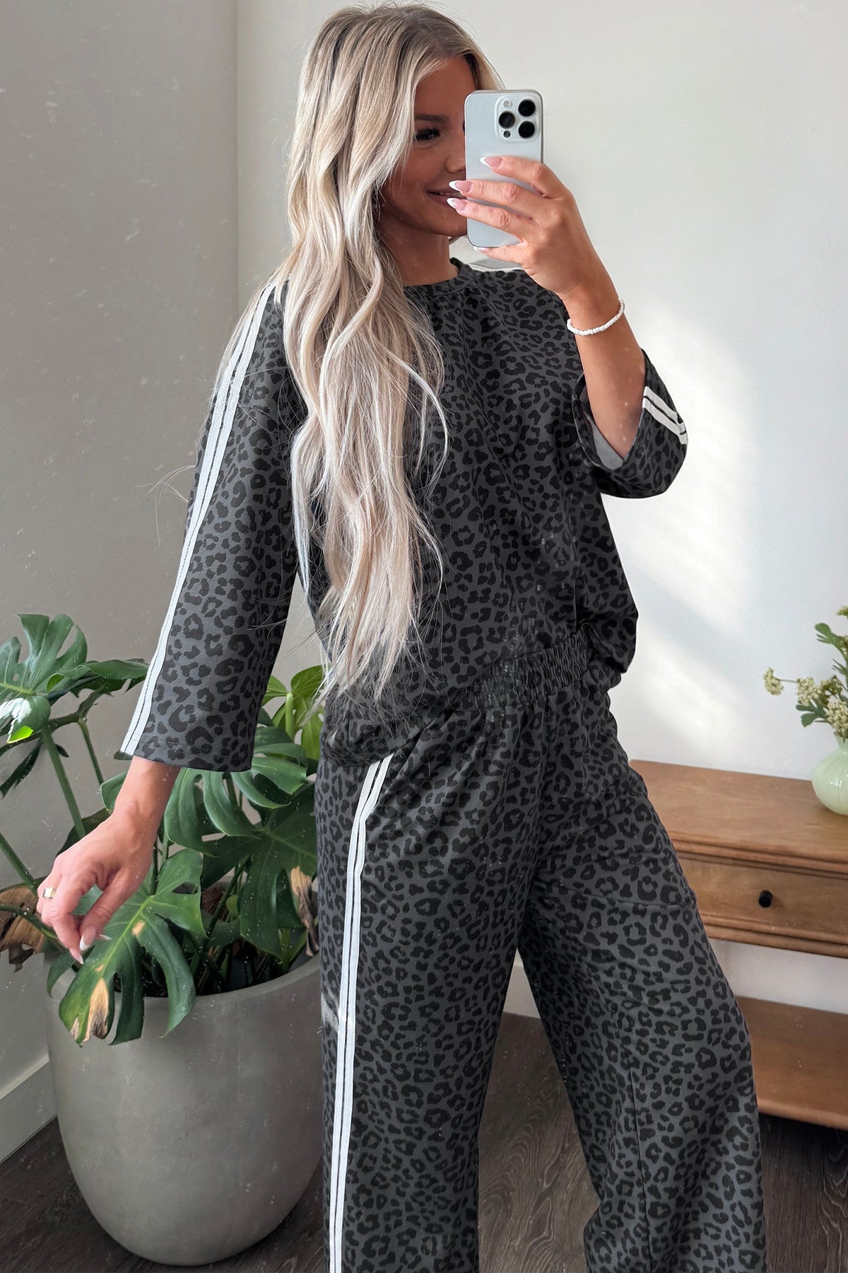 Gray Leopard Print Varsity Striped Detail 3/4 Sleeve Top Shift Pant Set
