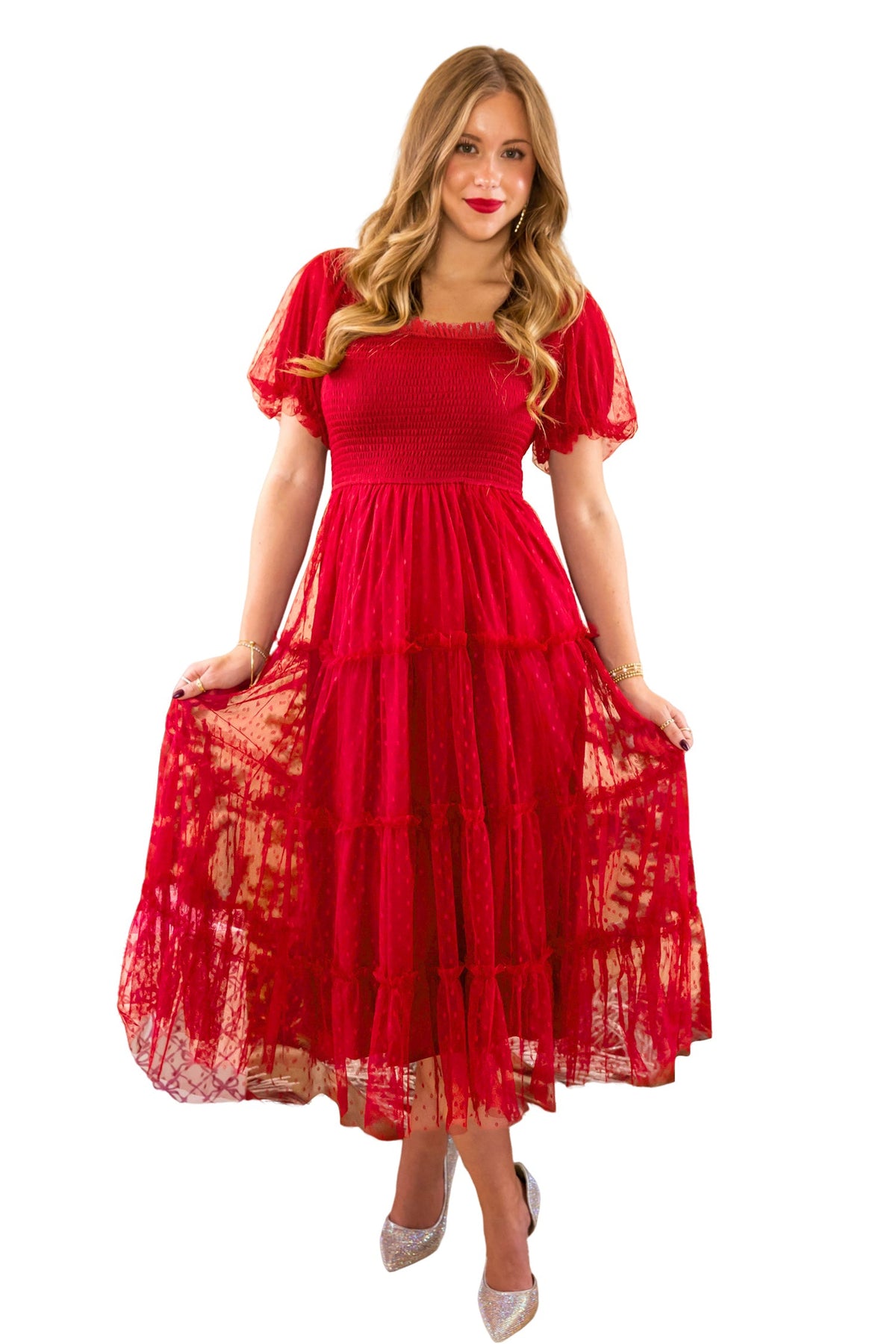 Fiery Red Tiered Tulle Smocked Bodice Puff Sleeve Dress