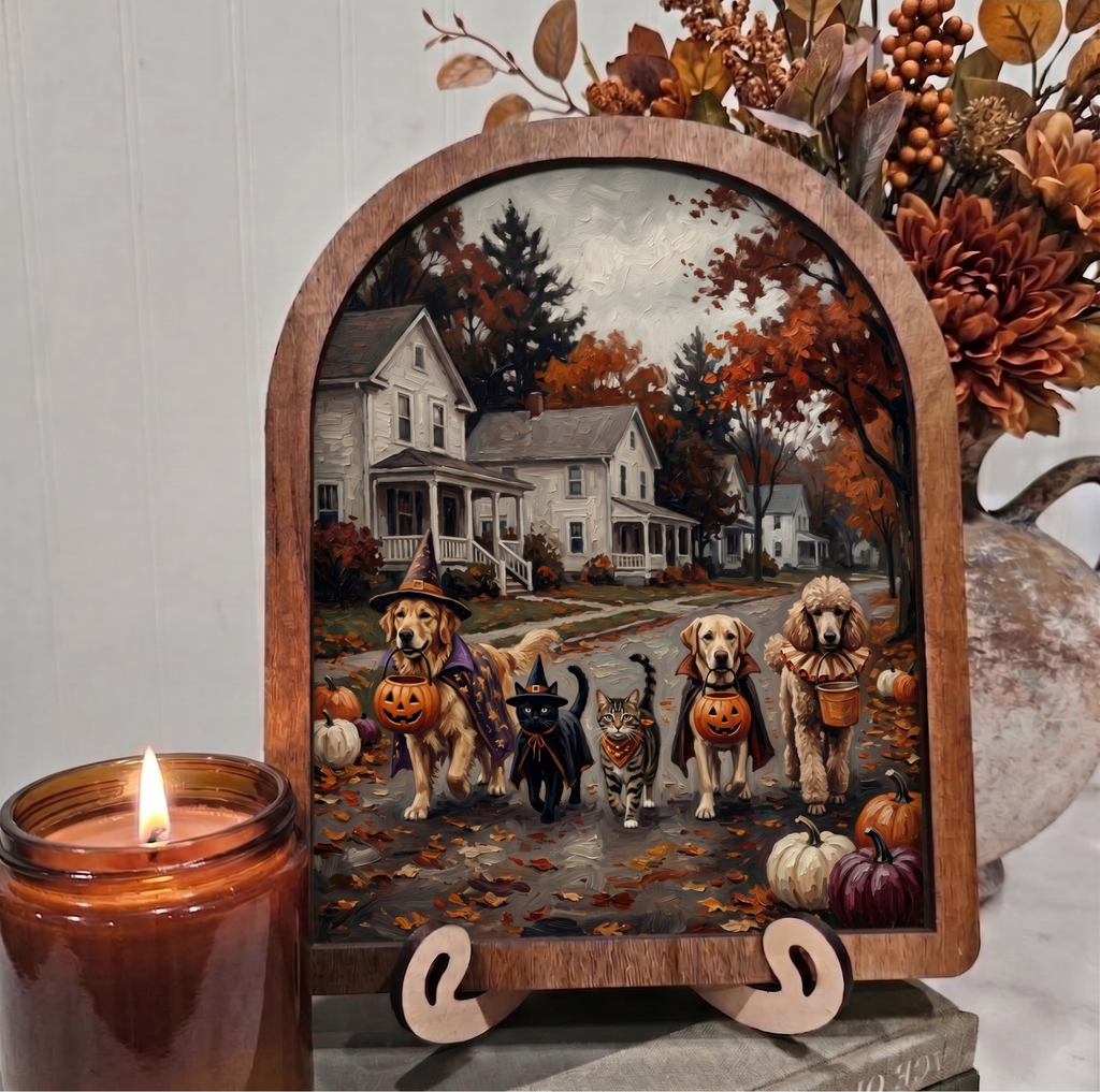 Arch Dogs and Cats Trick or Treating Framed Art with Stands Halloween
