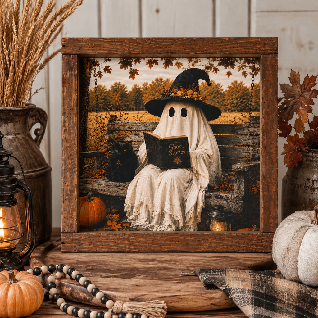 Not so spooky ghost with book Halloween wood framed sign