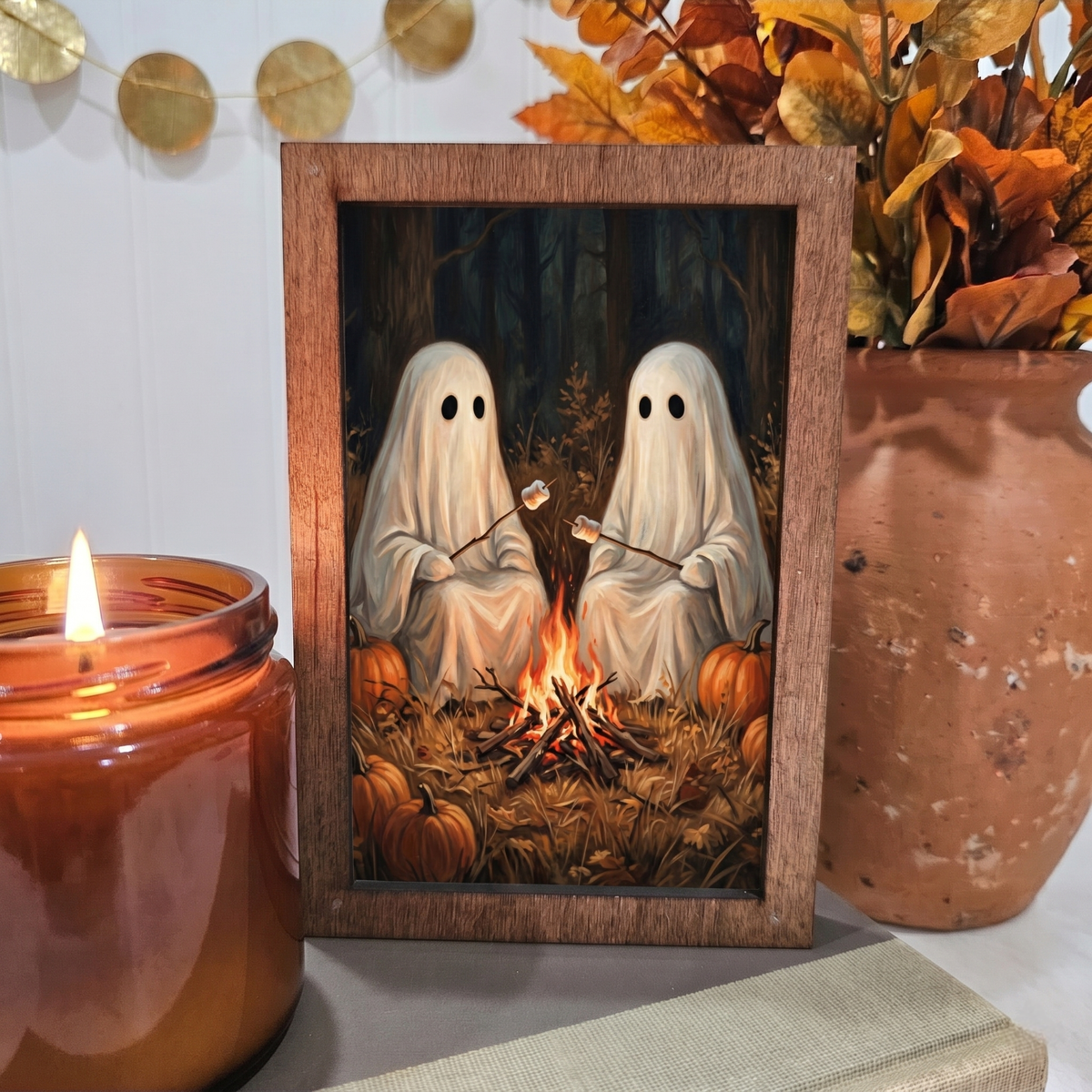 4x6 Wood Block Sign Art- Ghost Campfire Smore Fall Halloween