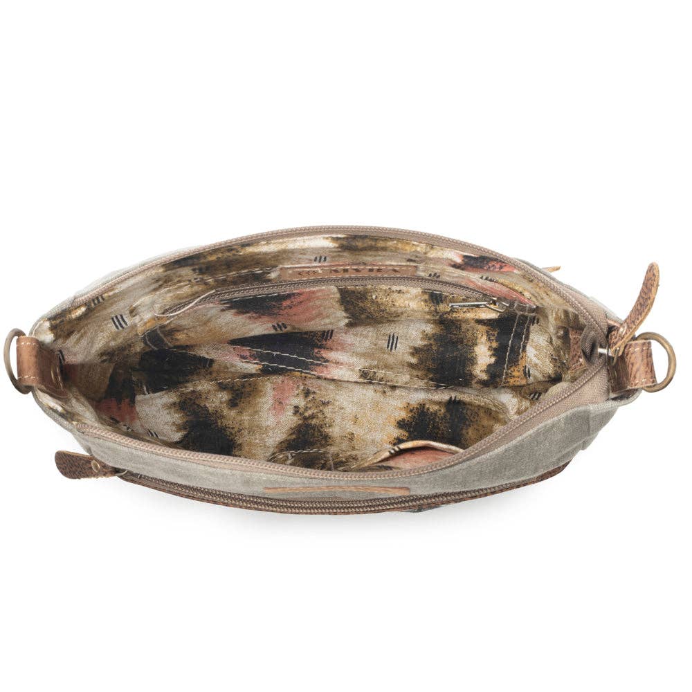 Damask Trail Vintage Crossbody Myra Bag for Women in sage with print detail