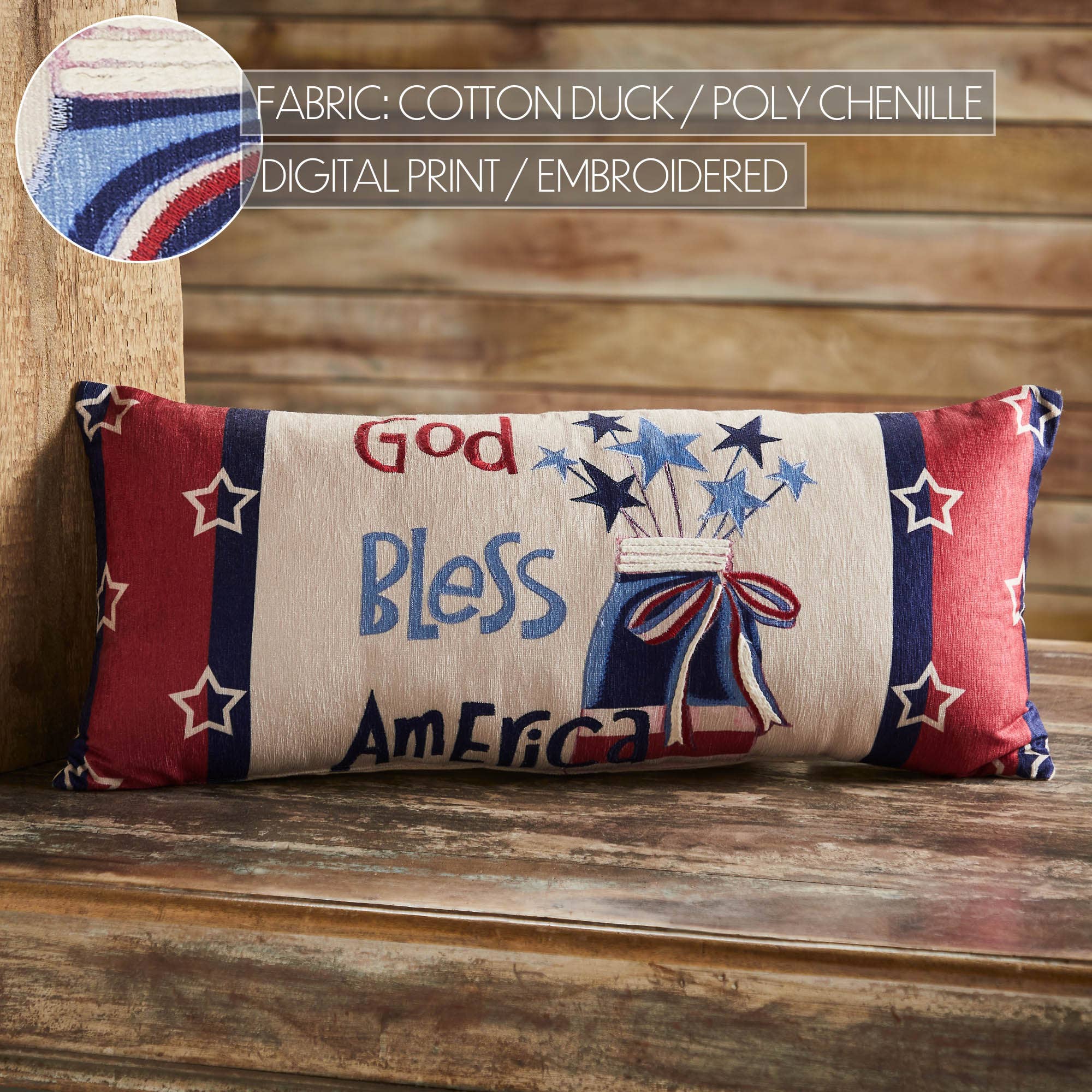 Americana Embroidered Mason Jar Stars Pillow 12x28