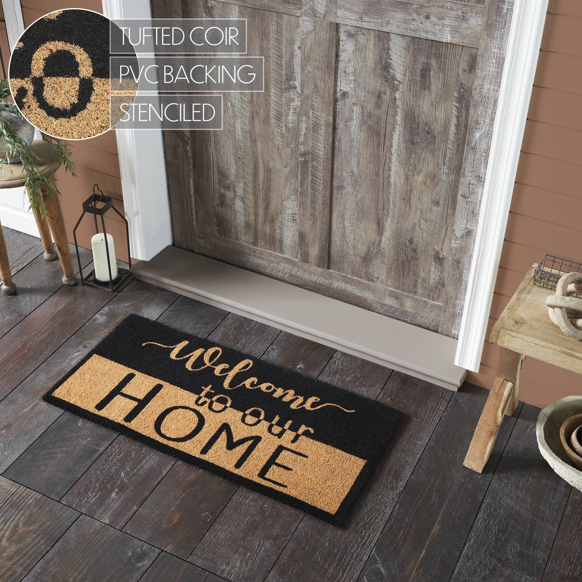 Welcome To Our Home Black Tan Coir Rug 17x36