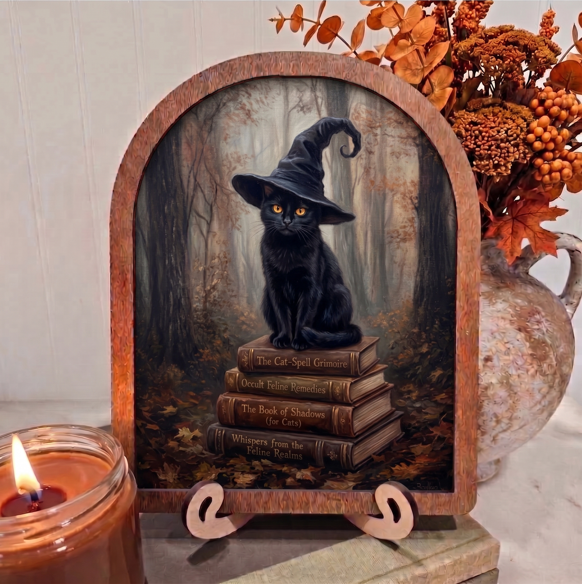 Arch Black Cat with Books Framed Art with Stands Fall Halloween