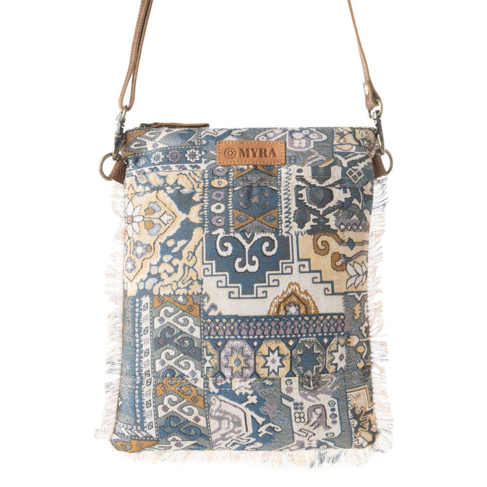 Loom Tapestry vintage crossbody Myra Bag for Women in indigo with fringe detail