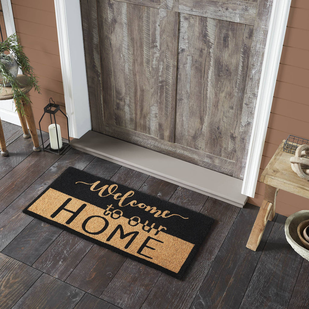 Welcome To Our Home Black Tan Coir Rug 17x36