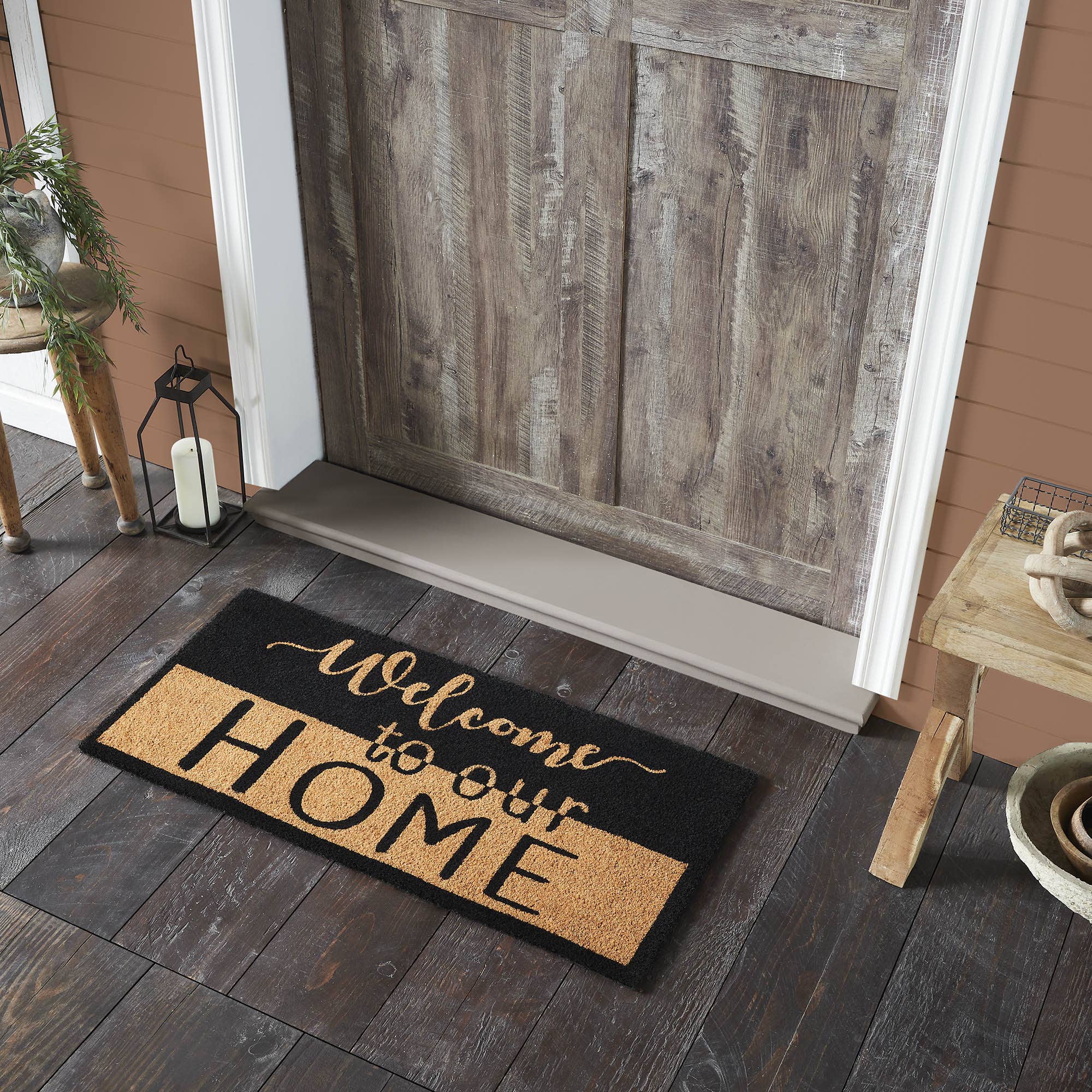 Welcome To Our Home Black Tan Coir Rug 17x36