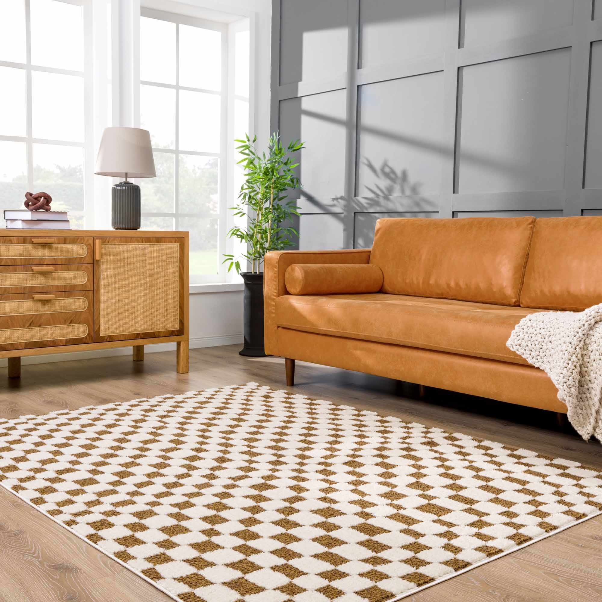 Lajos Brown Checkered Shag Rug - Clearance