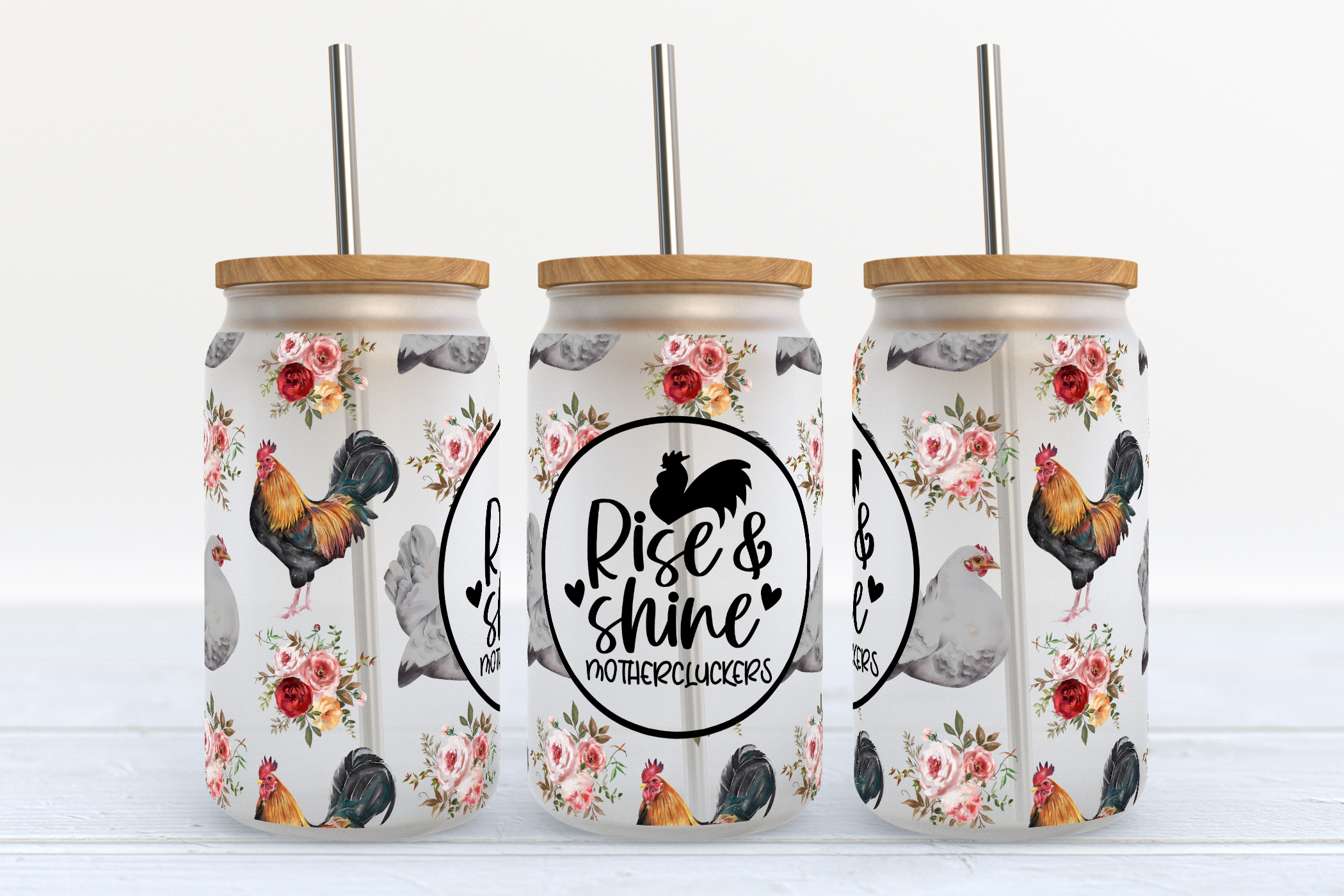 Rise & Shine Mother Cluckers Chickens 16 oz Frosted Glass Libbey