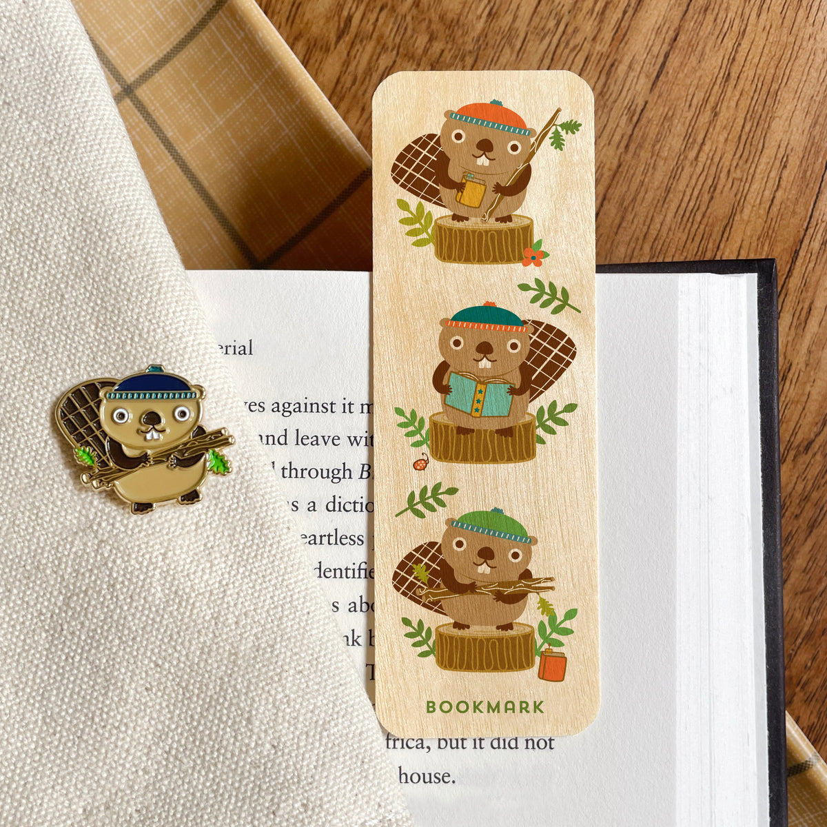 Bookish Beaver Book Buddies Wood Mini Bookmark + Pin Gift Set