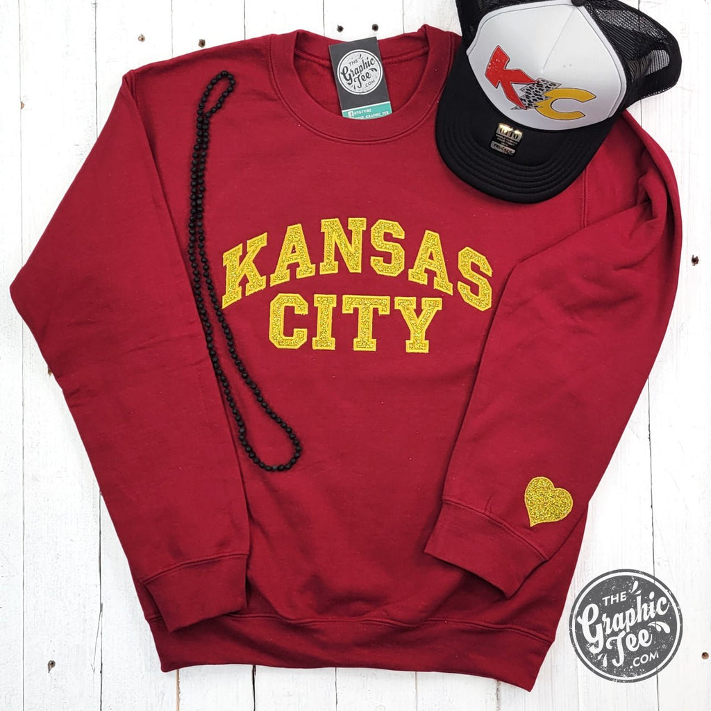 Kansas City Gold Glitter Applique Dark Red Crewneck Sweatshirt