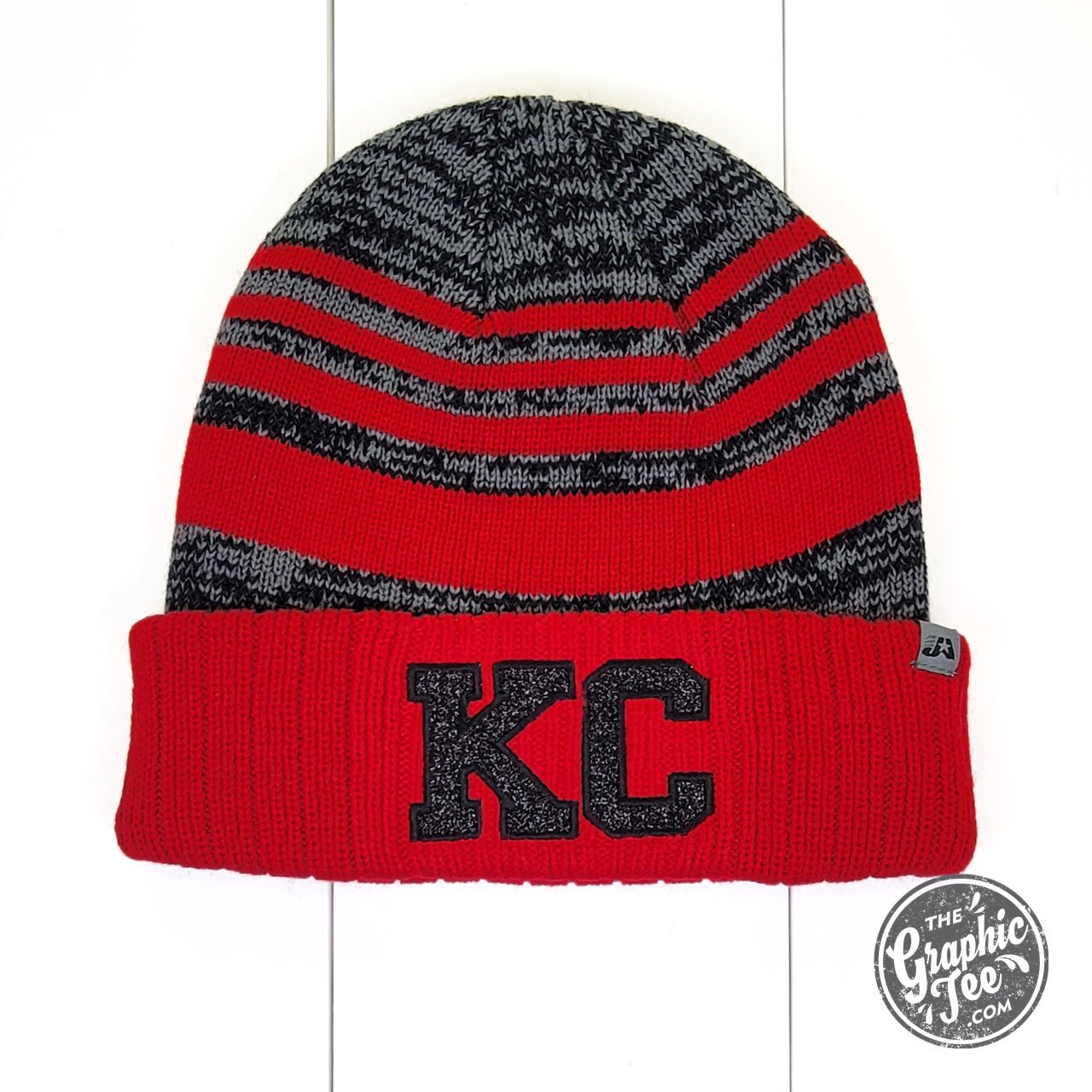 Kansas City KC Glitter Patch Red and Grey Stripe Cuffed Beanie