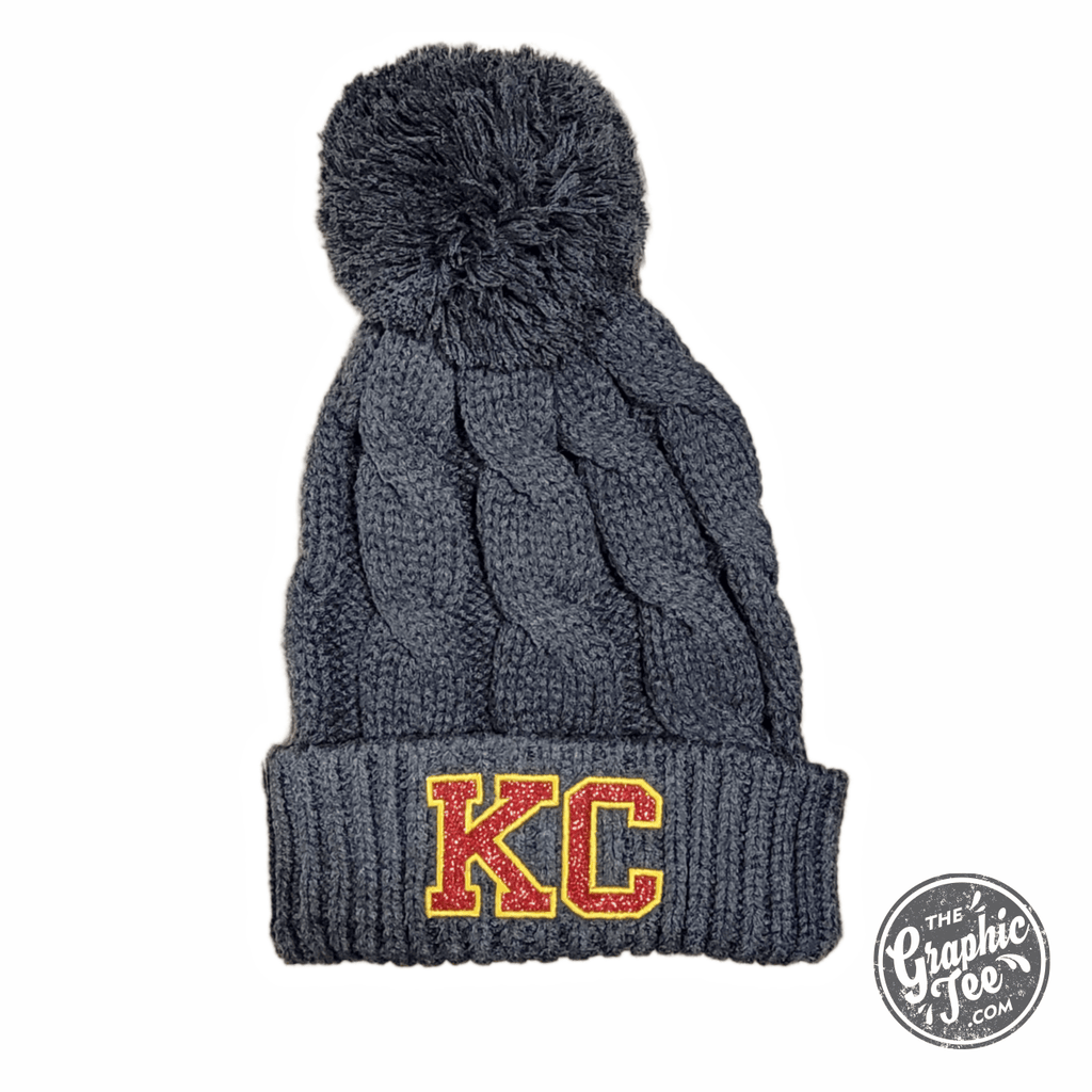 KC Glitter Applique Twist Knit Beanie with Pom
