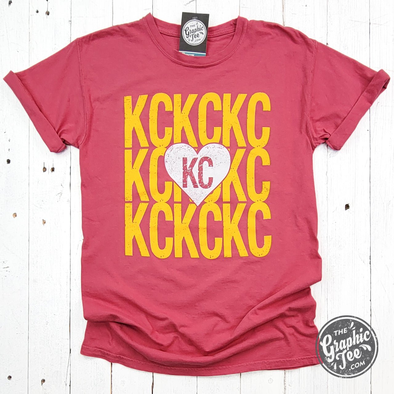 KC KC KC Heart Crimson Comfort Wash Short Sleeve Crew Neck Tee