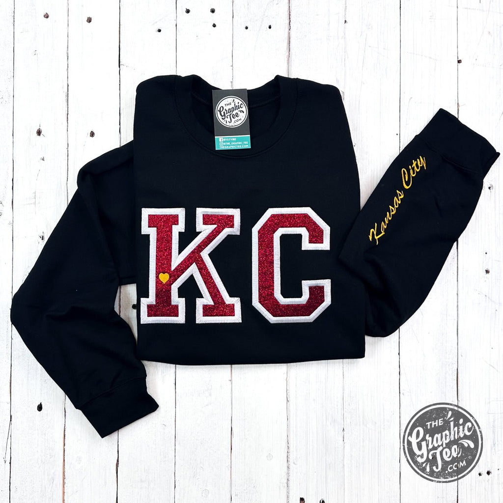 KC Red Glitter Applique Black Crewneck Sweatshirt