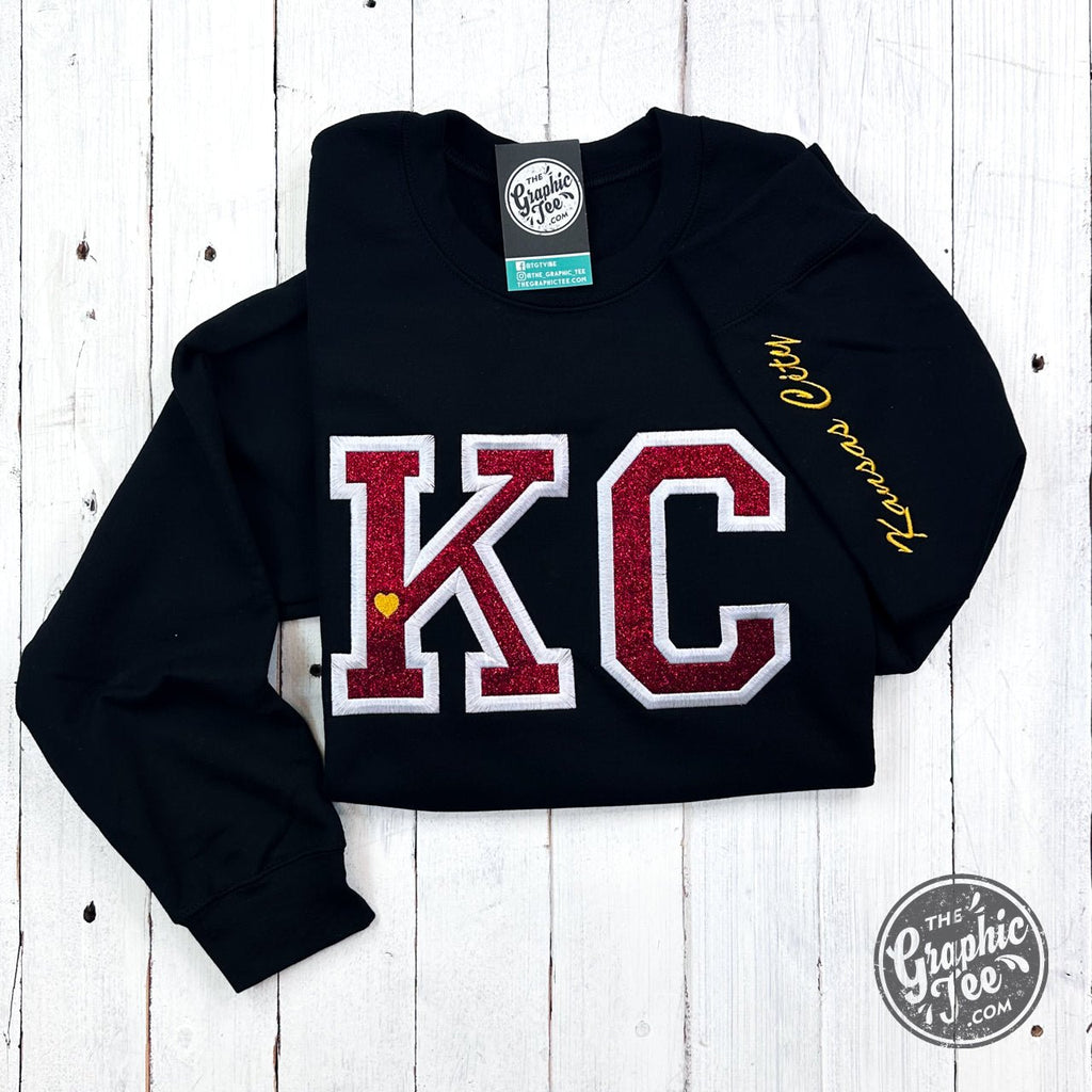 KC Red Glitter Applique Black Crewneck Sweatshirt