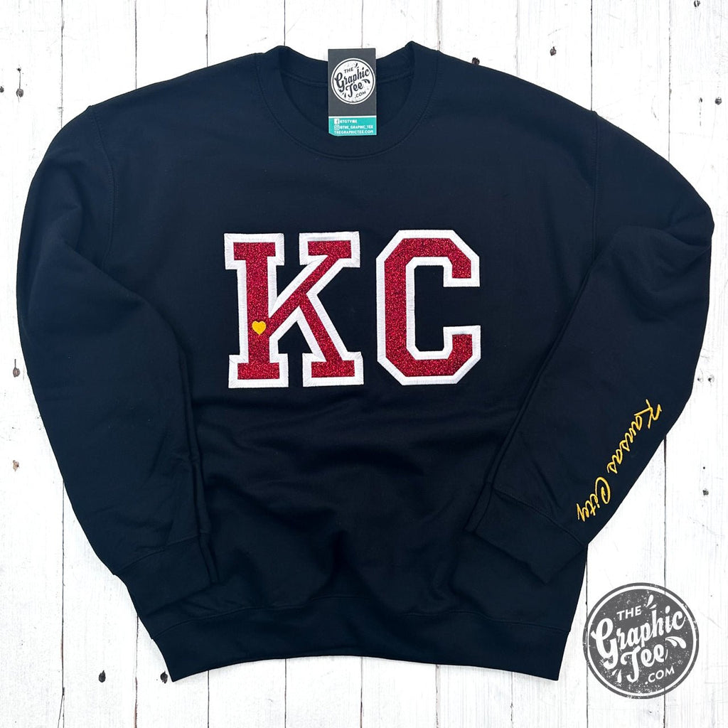 KC Red Glitter Applique Black Crewneck Sweatshirt