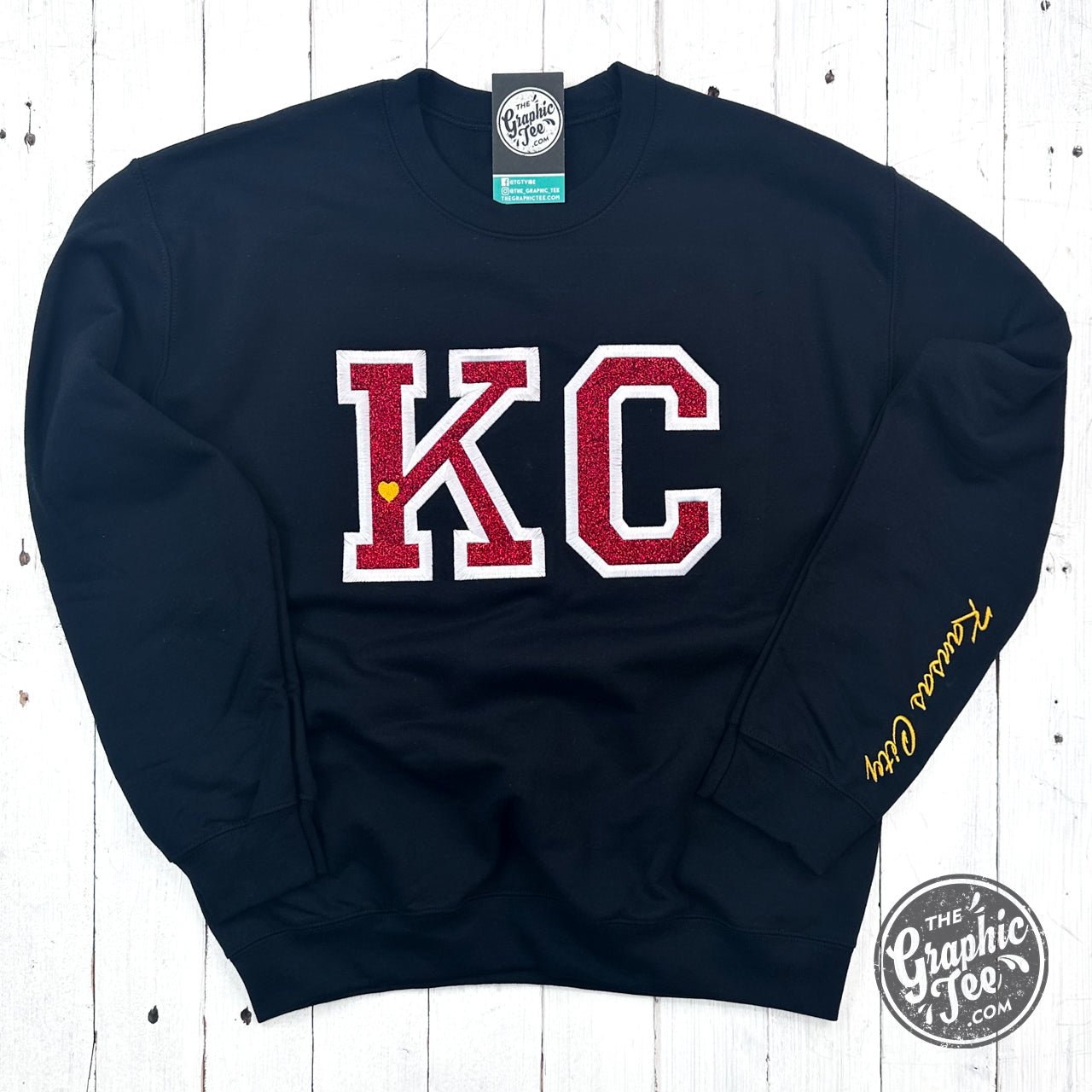 KC Red Glitter Applique Black Crewneck Sweatshirt