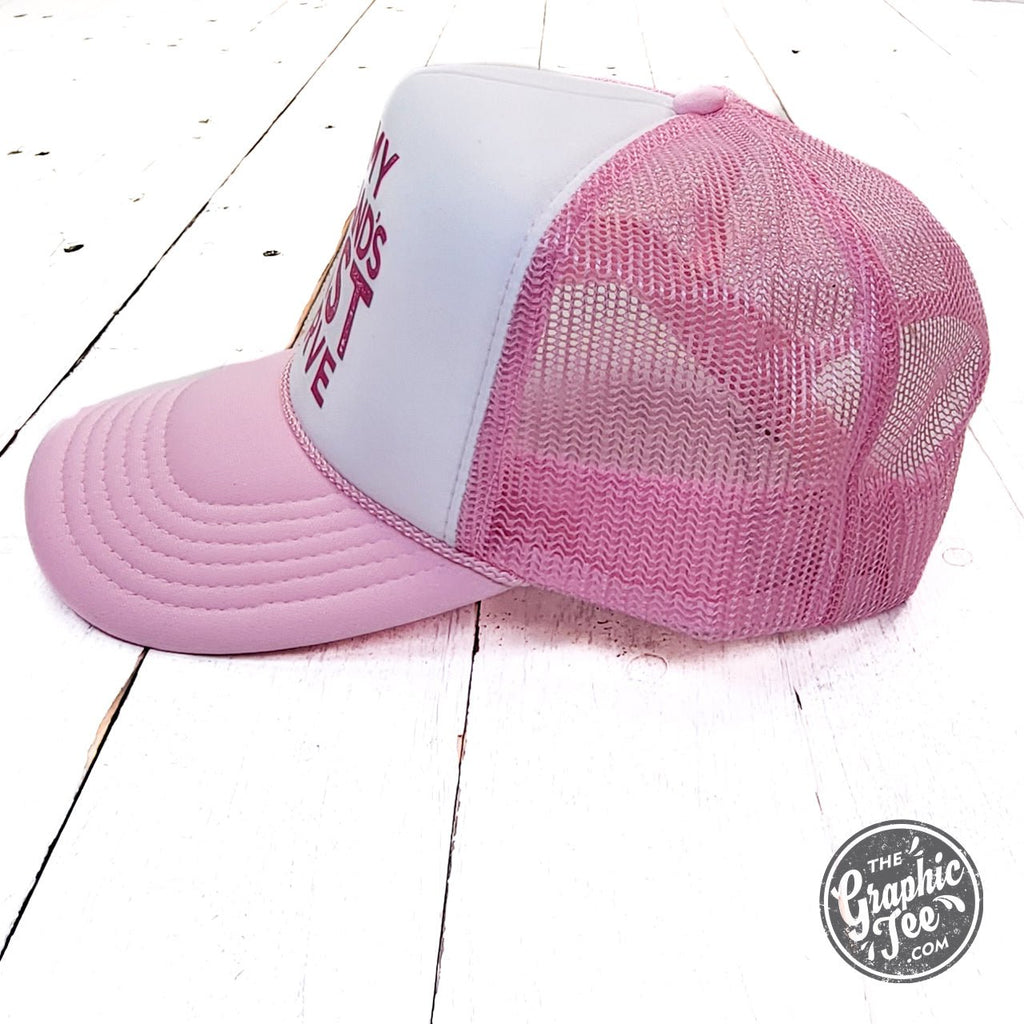 On My Husband's Last Nerve Pink and White Foam Trucker Cap