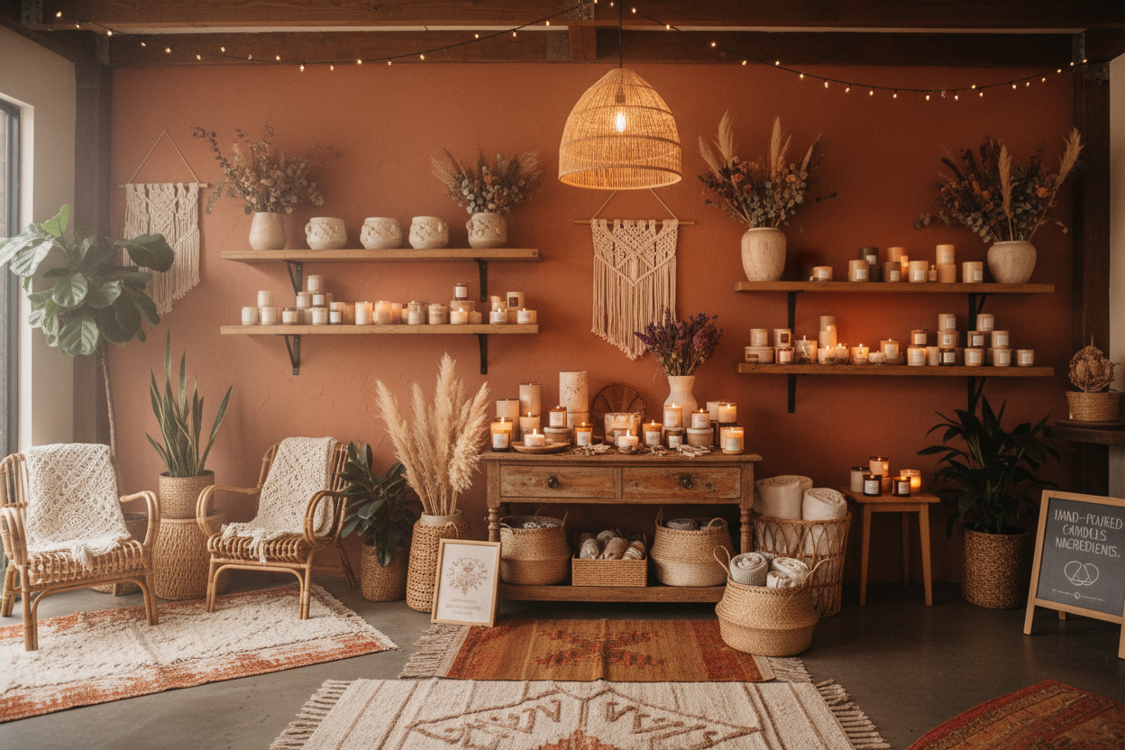 rustic boho boutique with candles for sale