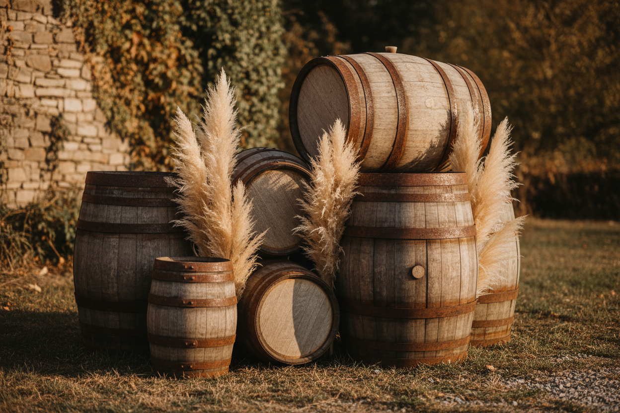 rustic whiskey barrels and pampas grass