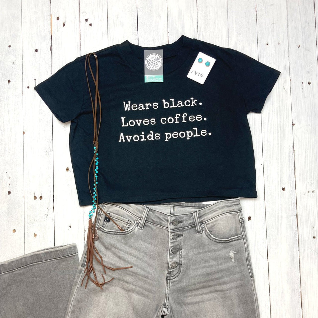 Wears black. Loves coffee. Avoids People. Black Short Sleeve Crop Top Tee