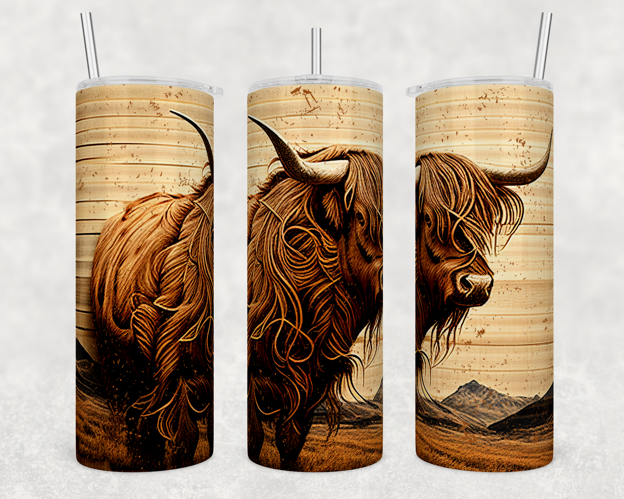 Woodgrain Highland Cow - Western 20oz Skinny Tumbler