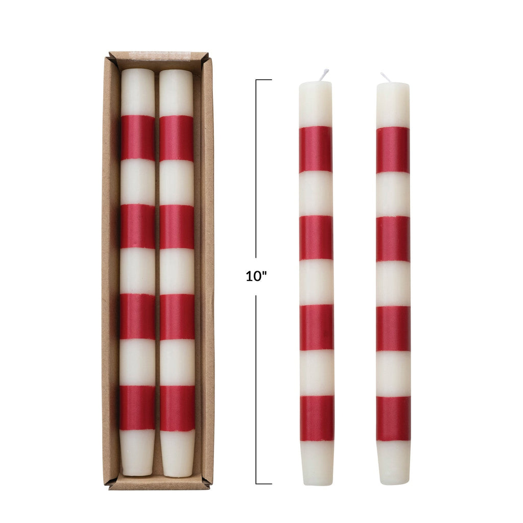 Set of 2 Cream & Red Striped Taper Candles